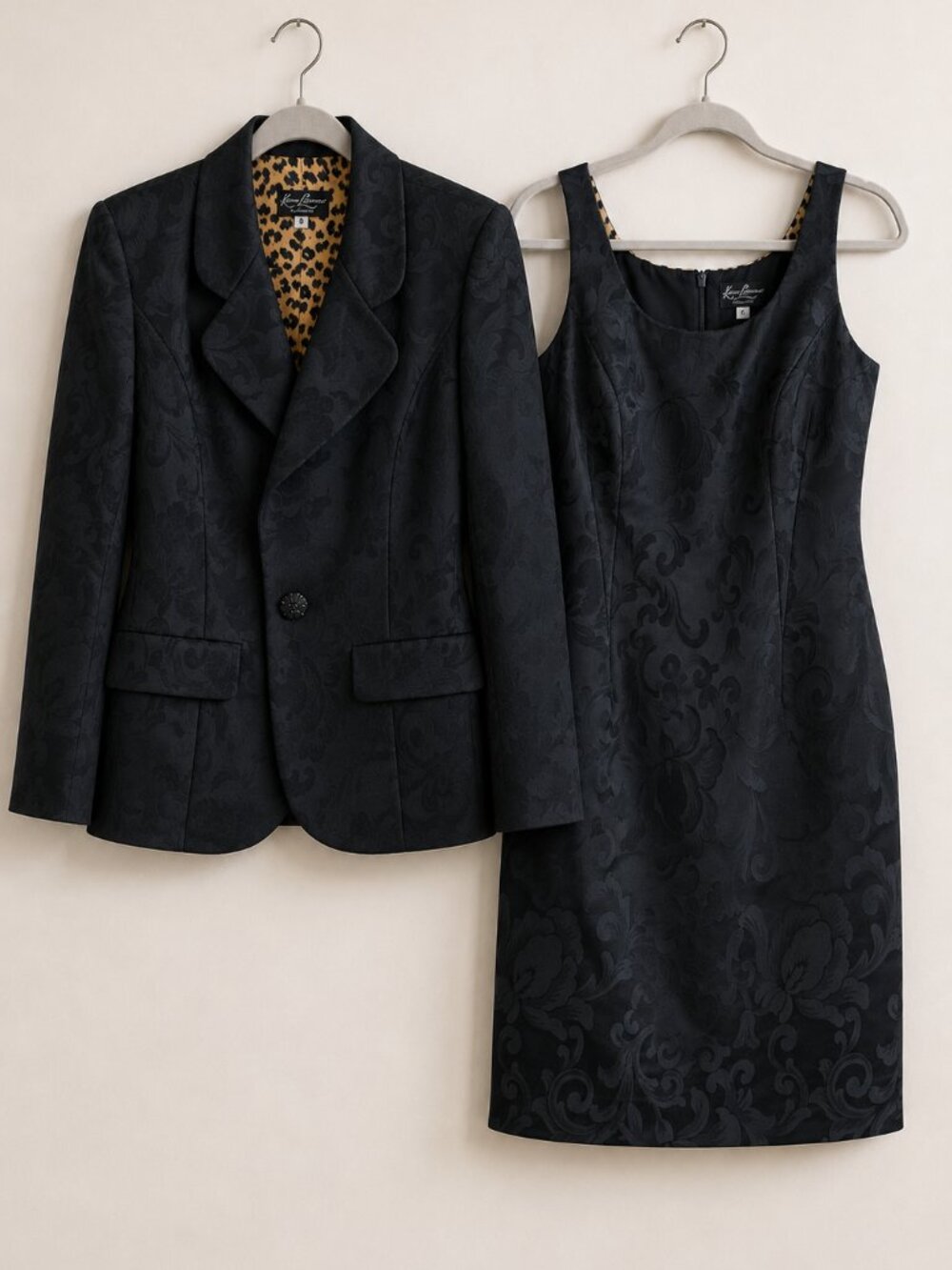 Vintage Karen Laurence 2 Pc Black Jacquard Skirt Suit Set Leopard Lined Sz 6